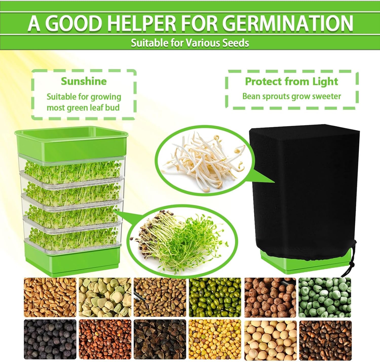 4-Tier Seed Sprouting Kit with Drain Holes and Drain Tray, Upgrade Stackable Microgreens Fresh Organic Bean Seed Sprouter Tray Ripple Soil-Free Sprouter Tray for Beans Alfalfa Seeds