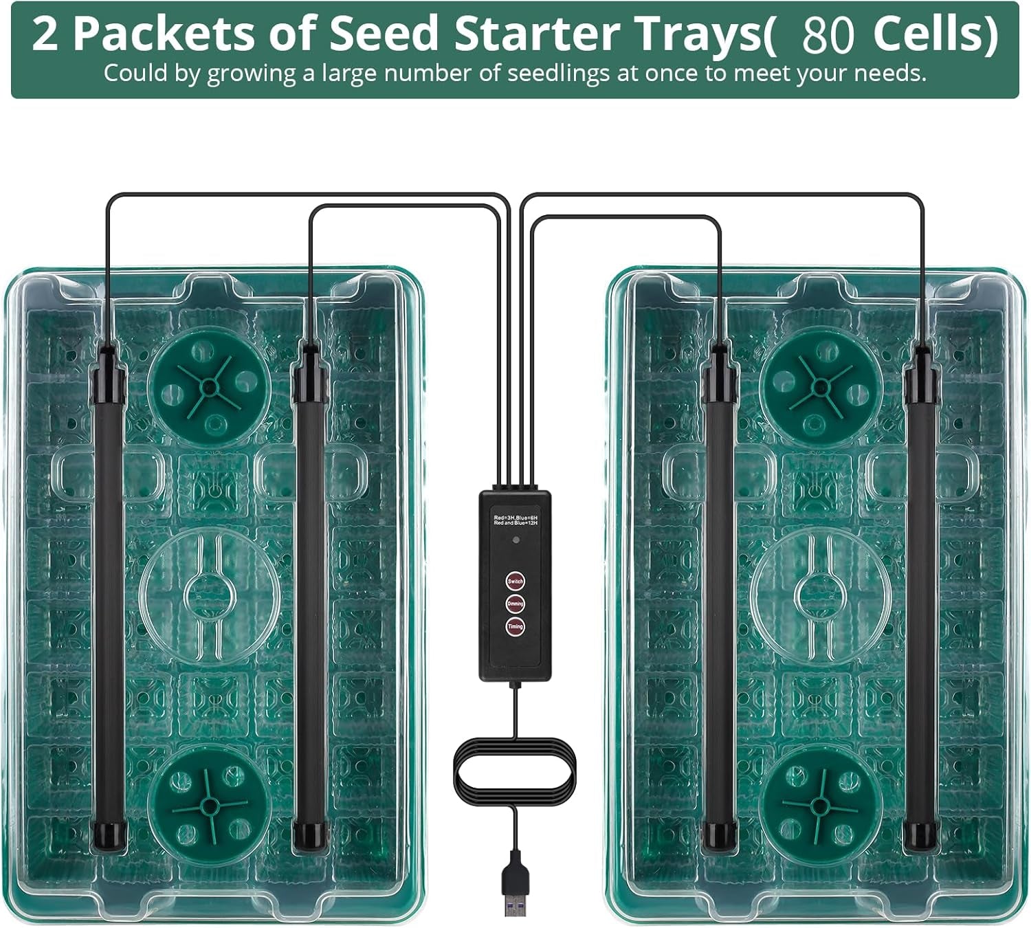 Seed Starter Tray with Grow Light, 80 Cells Seed Starter Kit with Humidity Dome, Adjustable Brightness Plant Starter Trays, Indoor Plants Germination Kit(2 Pack)