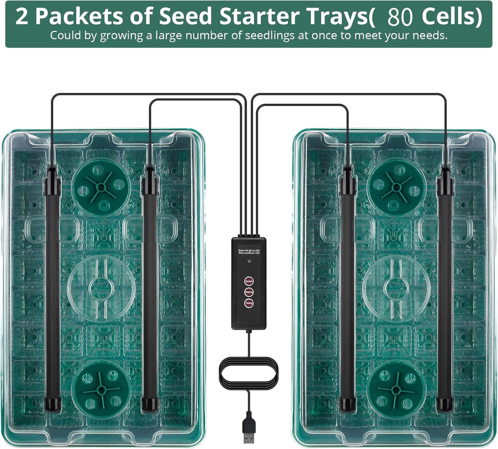 Seed Starter Tray with Grow Light, 80 Cells Seed Starter Kit with Humidity Dome, Adjustable Brightness Plant Starter Trays, Indoor Plants Germination Kit(2 Pack)