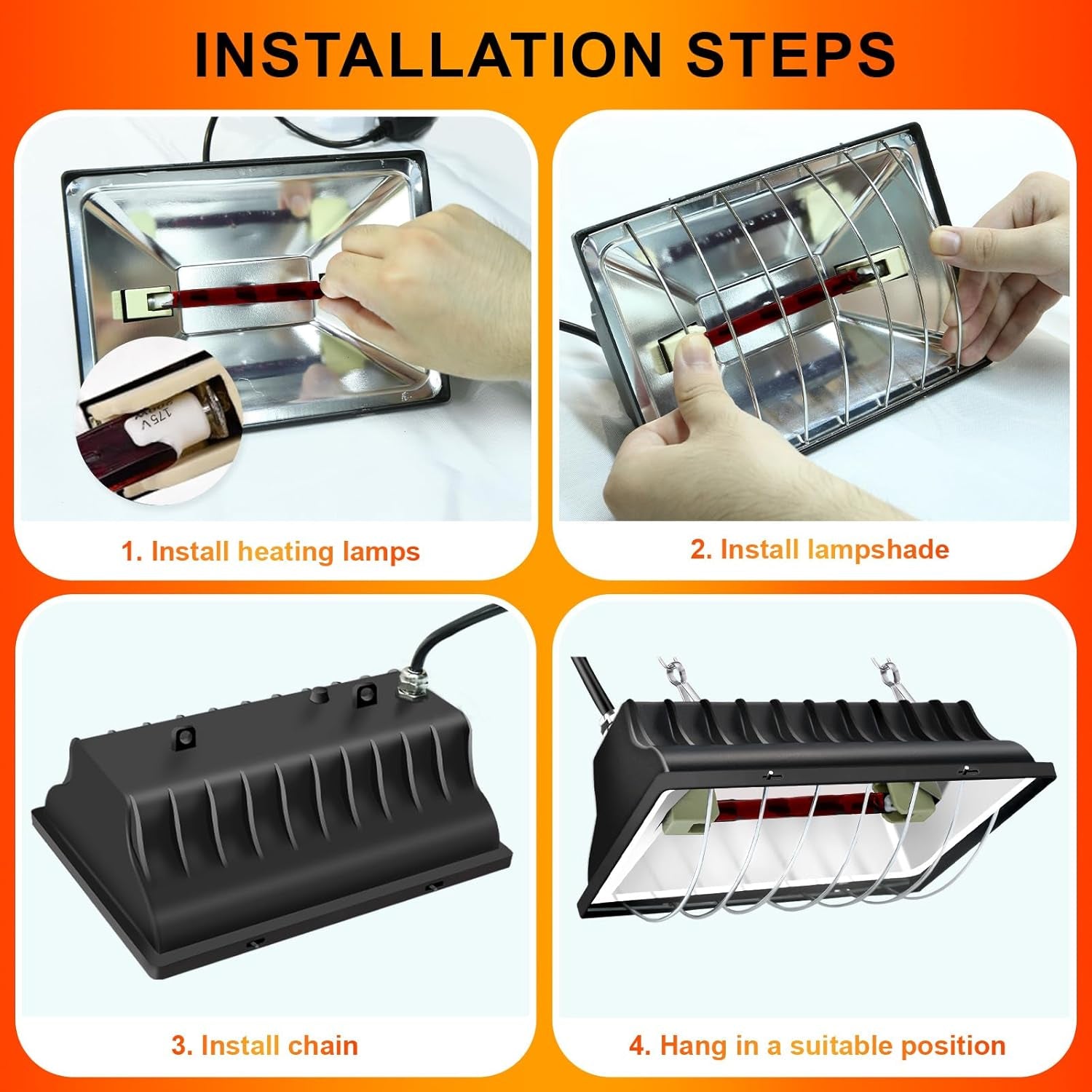 Chicken Coop Heating Lamp Brooder 250W, Adjustable Heating Temperature and Hanging Height, with Aluminum Alloy Lampshade, Suitable for Poultry Indoor Heater (Black)